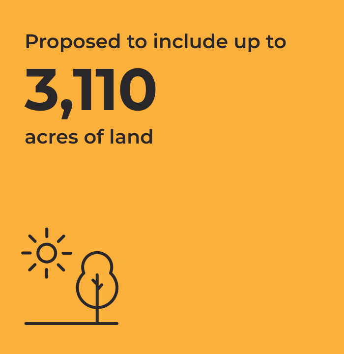 A orange infographic square with text "Proposed to include up to 3,110 acres of land" with a sun and tree icon