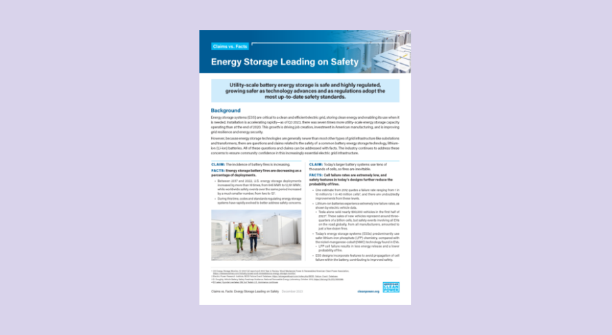 Page one of the Battery Energy Storage (BESS) Safety Fact Sheet PDF